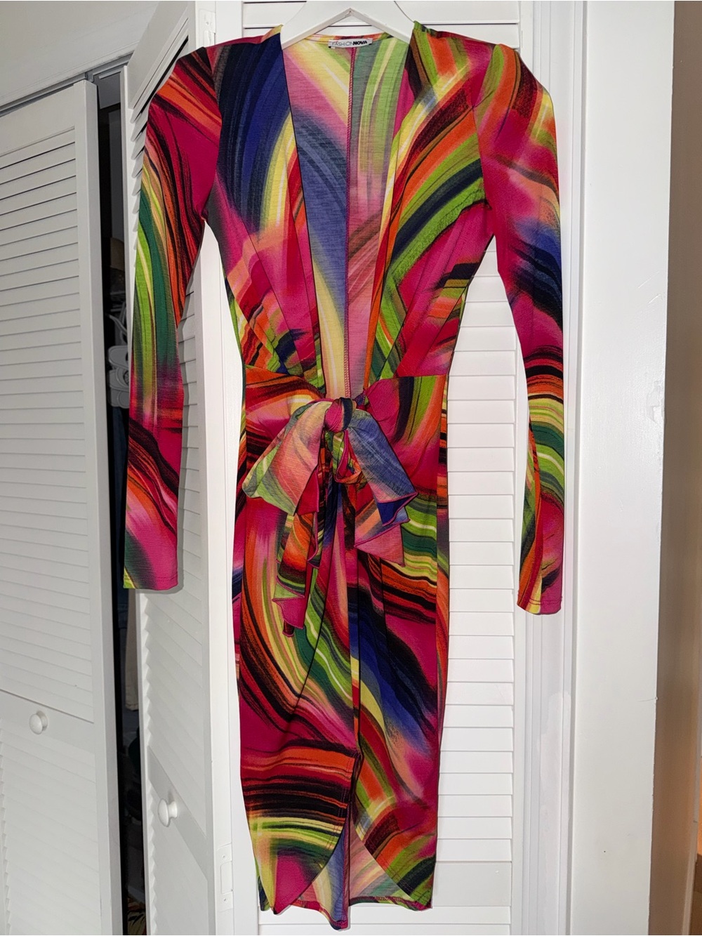 Fashion Nova Multicolor Long Sleeve Wrap Dress - Pink Green Blue Yellow
